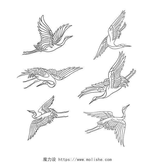 手绘仙鹤简笔画动物飞翔动作白描中国古典古风传统图案重阳节免扣仙鹤元素